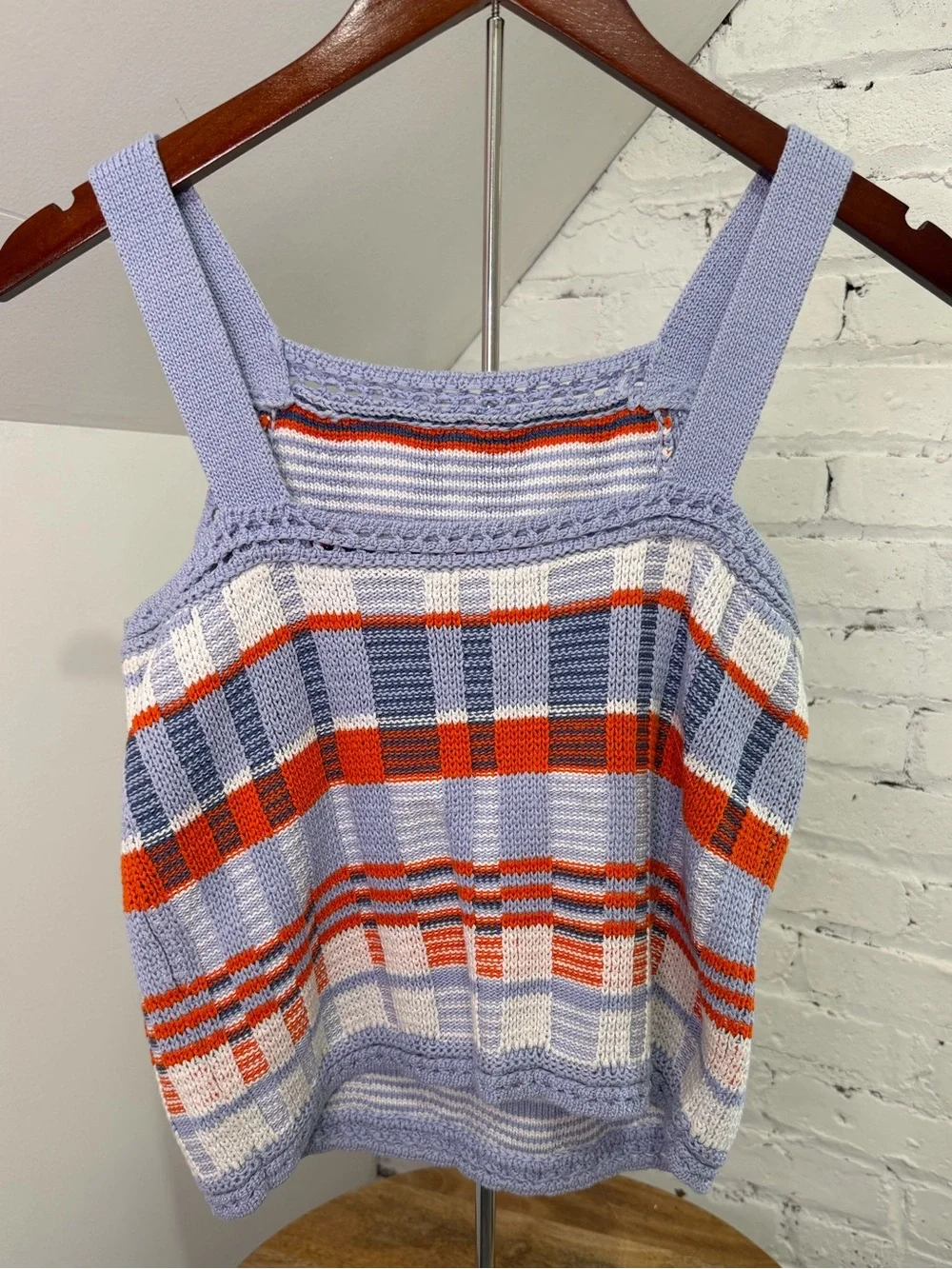 Banana Republic Plaid Crochet Sweater Tank Top Blue Orange Sleeveless Size S - Picture 3 of 5